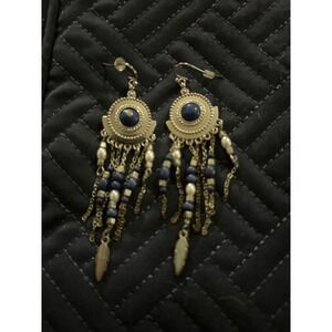 Boho Dangle Earrings Silver Tone Blue Bead Feather‎ Festival Jewelry